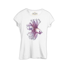 Pink Beta Fish İn Watercolor Style Beyaz Kadın Tshirt 001