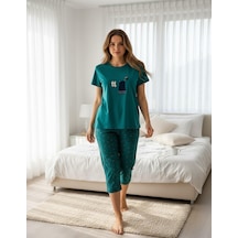 Mihra Kadın %100 Pamuk Bisiklet Yaka Kısa Kol Kapri Pijama Takımı 90787p - 1 Adet Petrol