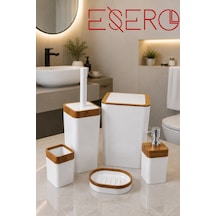 Dante 340 Ahşap Beyaz 5 Parça Lüks Banyo Seti Ahşap Desenli Çöp Kovası Wc Fırçası Sıvı Sabunluk Diş Fırçalık Sabunluk