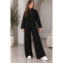 Aymiraa Kadın Triko İkili Takım Fermuarlı Sweatshirt Geniş Paça Pantolon Salaş Oversize Rahat Günlük Takım Siyah Siyah