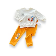 6-9-12-18 Ay Ördek Baskılı Pamuk Penye Kumaş Erkek Bebek Takımı Turuncu Çok Renkli