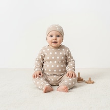 Ürünya Unisex Bebek Çocuk Pamuklu Uzun Kollu Puanlı Boydan Çıtçıtlı Tulum Kahverengi