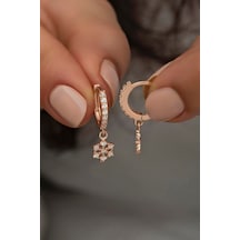 925 Ayar Gümüş Sallantılı Rose Zirkon Kartanesi Küpe Pembe Altın