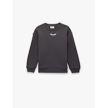 Koton Uzun Kollu Bisiklet Yaka Baskılı Şardonlu Sweatshirt Antrasit 6wkg10403ak
