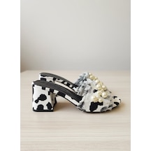 Dabab Shoes Nubıa Kadın İnci Detaylı Hasır Topuklu Beyaz Leopar Terlik Sandalet Beyaz - Leopar - Siyah