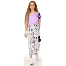 Kız Çocuk Rock Yazılı Tek Omuz Model Gazete Desenli Kaprili Takım Lila