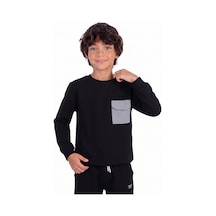 Onloox Erkek Siyah Erkek Çocuk Siyah Pamuklu Bisiklet Yaka Regular Kalıp Kapaklı Cep Detaylı Sweatshirt 6-12 Yaş