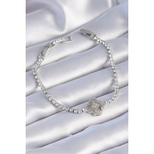 Pirinç Gümüş Renk Zirkon Taşlı Yonca Model Kadın Bileklik - Tj-bb6398 Altın