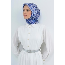 Armine Tivil Saf İpek Eşarp 9507 - 32 Saks Gri Çizgi Desen Saks mavi
