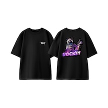 Thewert Rocket Galaxy Tasarım Sırt Baskılı Pamuk Siyah Oversize T-shirt