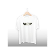 Wake Up Detaylı Unisex Tişört Beyaz