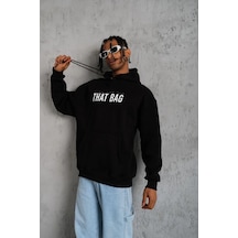 Erkek 3 İplik Pamuklu Kapüşonlu Baskılı Cepli Oversize Sweatshirt Hoodie - Siyah