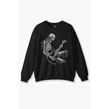So Cool Siyah Sweatshirt Skeleton Playing Guitar Heavy Metal Skull I Skelet Gitar Rock Siyah Baskılı Sweat Siyah