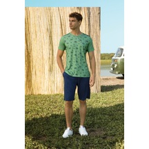 DOREANSE Erkek Yeşil Yaprak Desenli T-Shirt Şort Pijama Takımı 4793