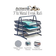 Renkli Metal Evrak Rafı 3 Lü 1 Paket Masa Üstü A4 Dosya Düzenleyici Kağıt Tepsisi Metal Fileli Üç Katlı Hareketli Perfore Lacivert