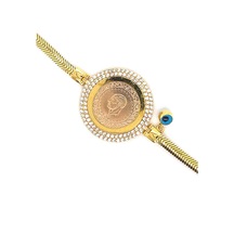 Zümrüt Sarraf 14 Ayar Altın Çift Sıra Taşlı Çerçeveli Çeyrekli Kadın Bileklik