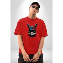 Müzik Şapka Gözlük Takan Tavşan Pamuklu Bisiklet Yaka Unisex Oversize Boyfriend Dijital Baskılı Kırmızı T-shirt Kırmızı