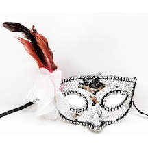 Gümüş Renk Yandan Tüylü Güllü Gümüş Taşlı Pullu Maske 20x22 Cm Altın Ve Çok Renkli
