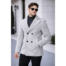 Erkek Casual Kruvaze Midi Boy Kaşe Kaban - Modern Kesim Açık Gri