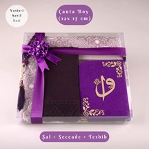 Şal + Seccade + Tesbih + Yasin Hediye Seti Çanta Boy, Elifvav, Raşel Cilt, Mor