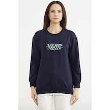 Sıfır Yaka Oversize Sweatshirt - Lacivert Ekru