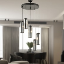 Natali 5 Li Yuvarlak Siyah Modern Kristalli, Taşlı Modern Tasarım Kristal Salon Sarkıt Avize