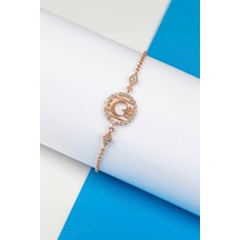 925 Ayar Gümüş Zirkon Taşlı Rose Renk Ayyıldız Bayan Bileklik -7938