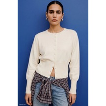 Sateen Düğmeli Hırka Ekru Siyah