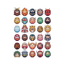 30 Adet Japon Daruma Savaşçı Sticker Seti - Laptop, Kılıf Ve Defter İçin Çok Renkli