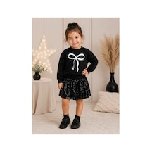 Uğur Bebe Kız Çocuk Siyah Pullu Etekli Takım Fiyonklu Sweatshirt, Parlak Payetli Etek, Şık Ve Özel Gün Kombini Siyah Siyah