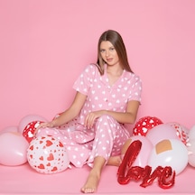 Over Sleep By Poleren Over Sleep 996 Kadın Kısa Kol Önden Düğme Pijama Takım Pudra