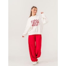 Kız Çocuk 2 İplik Nakışlı Sweatshirt-14212 Ekru
