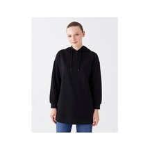 LC Waikiki Kapüşonlu Düz Uzun Kollu Kadın Sweatshirt Tunik Siyah