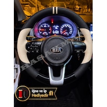 Kia Picanto Dikme Direksiyon Kılıfı Delikli Deri Parlak Siyah Bej Detay Çift Yüzük Ve Dikiş 2017-2024