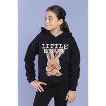 Toontoy Kız Çocuk Tavşan Baskılı Kapüşonlu Sweatshirt Siyah