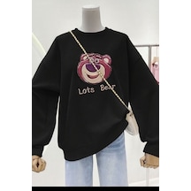 Benroma 3 İplik Penye Lost Bear Baskılı Unisex Sweatshırt SIYAH