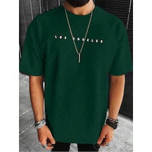 Los Angeles Space T-shirt - Nefti Yeşil Baskılı Oversize Bisiklet Yaka Kısa Kol Tişört Nefti Yeşil