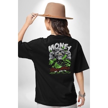 Dolar Kurukafa Pamuklu Unisex Oversize Sırt Dijital Baskılı Siyah T-shirt Siyah