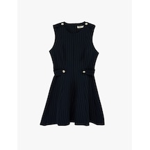 Koton Metal Aksesuarlı Kolsuz Bisiklet Yaka Slim Fit A Kesim Elbise Lacivert Çizgili 6sak80195uw 7s2