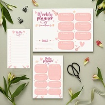 Colortouch Masaüstü Planner Set - 50 Sayfa Tarihsiz Haftalık, Günlük Planlayıcı - Ofis Çalışanı, Öğrenci, Genç, Öğretmen İçin Randevu, Toplantı, Organizasyon To Do List - 3 Parça - Kalp Serisi Açık Gri