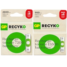 GP Batteries ReCyko 2600mAh AA Kalem 6’lı Kart + GP Batteries ReCyko 950mAh AAA İnce 6’lı Kart