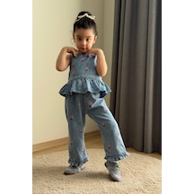 Boyboy Kidswear Kız Çocuk Çiçek Nakışlı Denim Bluz Ve Pantolon Takım Mavi Kot Mavisi