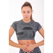 Maraton Active Slimfit Kadın Bisiklet Yaka Kısa Kol Koşu Antrasit Crop Top 811037 Antrasit