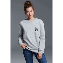 Siyah Motorsiklet Kuru Kafa Göğüs Baskılı Gri Kadın Sweatshirt