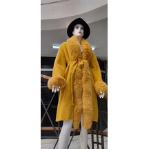 Pula Yakası Kolları Komple Kürklü Uzun Angora Kaban 110 Cm Sarı