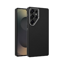 Samsung Galaxy S25 Ultra İçin Karbon Serisi Ultra Güçlü Metal Tuşlu Ve Lens Çerçeveli Darbe Emici Karbon Fiber Görünümlü Silikon Kılıf Siyah, Galaxy S25 Ultra