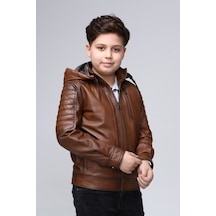 Erkek Kapşonlu Hakiki Deri Çocuk Mont (544735300) Taba