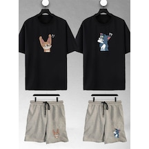 Unisex Kadın Sinirli Tom Ve Jerry Baskılı Sevgili Çift Kombini Tasarım Oversize Tshirt Ve Şort Siyah-gri Mck2320 Siyah-Gri