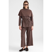 Olcay Şal Aksesuarlı Premium Kumaş Tunik Pantolon Kahve 9470-tk