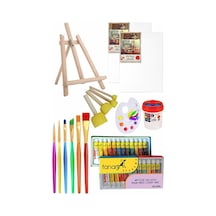 Mini Şövale 25x35 2 Li Tuval Fanart 12 Renk Akrilik Boya Başlangıç Seti Fırça Palet Ponpon Su Kabı Masaüstü Sanatsal